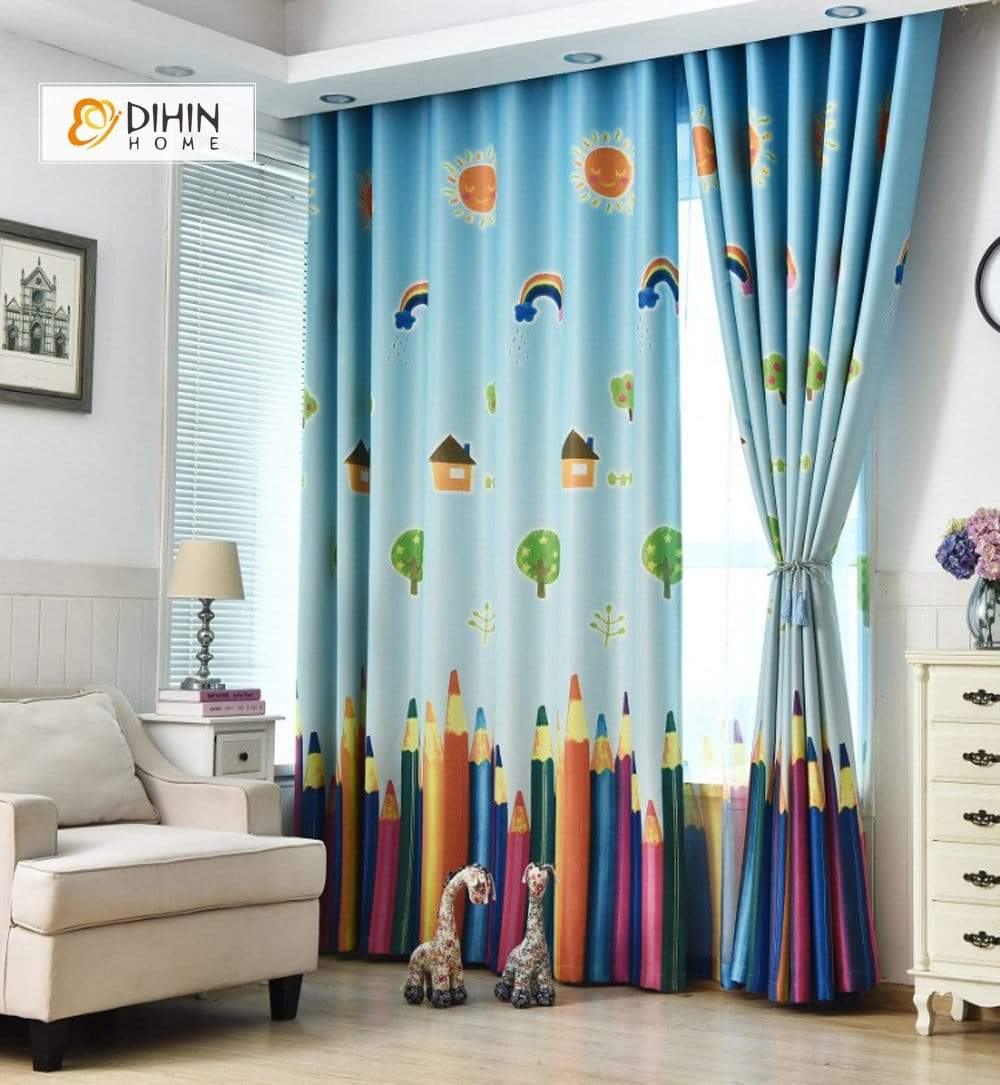DIHIN HOME Pencil and Sun Printed，Blackout Grommet Window Curtain for Living Room ,52x63-inch,1 Panel Roman Shades Curtains Window Blinds custom curtains blackout curtains curtains for living room sheer curtains curtain fabric linen curtains kitchen curtains velvet curtains pinch pleat curtains bay window curtains outdoor curtains pleated curtains floral curtains dining room curtains kitchen valances drapes for bedroom patio curtains nursery curtains grommet curtains