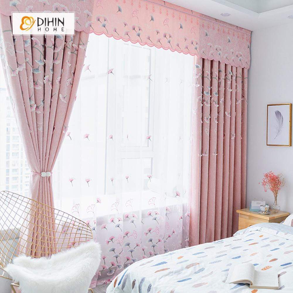 DIHIN HOME Pink Plant Exquisite Luxurious Embroidered Valance ,Blackout Curtains Grommet Window Curtain for Living Room ,52x84-inch,1 Panel Curtains custom curtains blackout curtains curtains for living room curtain fabric linen curtains