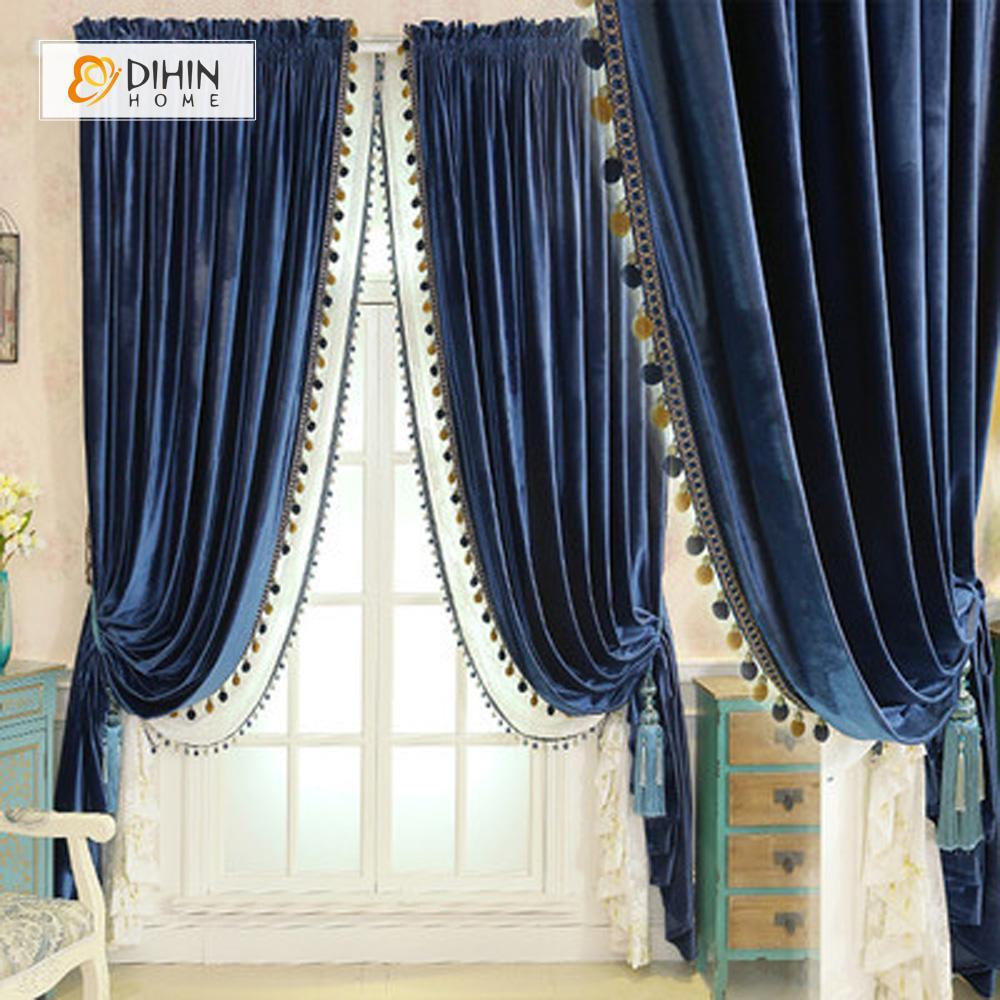 DIHIN HOME  Solid Dark Blue Velvet，Blackout Grommet Window Curtain for Living Room ,52x63-inch,1 Panel Curtains custom curtains blackout curtains curtains for living room curtain fabric linen curtains