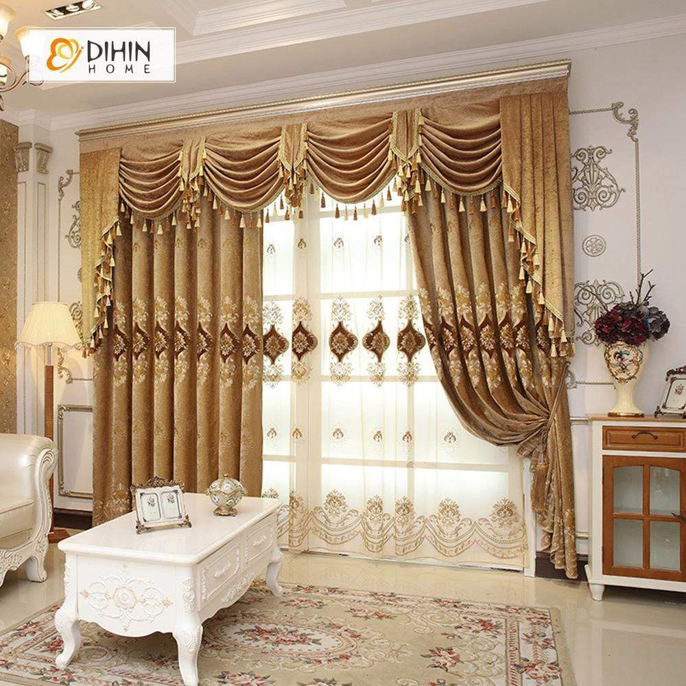 DIHIN HOME Velvet Brown Exquisite Luxury Embroidered Valance ,Blackout Curtains Grommet Window Curtain for Living Room ,52x84-inch,1 Panel Curtains custom curtains blackout curtains curtains for living room curtain fabric linen curtains