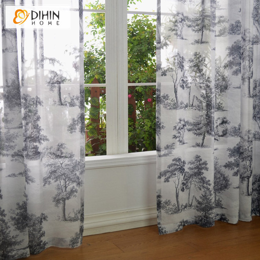 DIHIN HOME Vintage Ink Trees Printed Sheer Curtain, Grommet Window Curtain for Living Room ,52x63-inch,1 Panelriped Roman Shades Curtains Window Blinds custom curtains blackout curtains curtains for living room sheer curtains curtain fabric linen curtains kitchen curtains velvet curtains pinch pleat curtains bay window curtains outdoor curtains pleated curtains floral curtains dining room curtains kitchen valances drapes for bedroom patio curtains nursery curtains grommet curtains