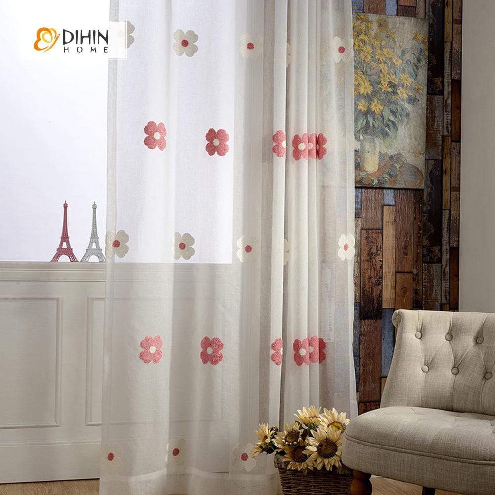 DIHIN HOME White And Red Flowers Embroidered ,Sheer Curtain,Blackout Grommet Window Curtain for Living Room ,52x63-inch,1 Panel Curtains custom curtains blackout curtains curtains for living room curtain fabric linen curtains