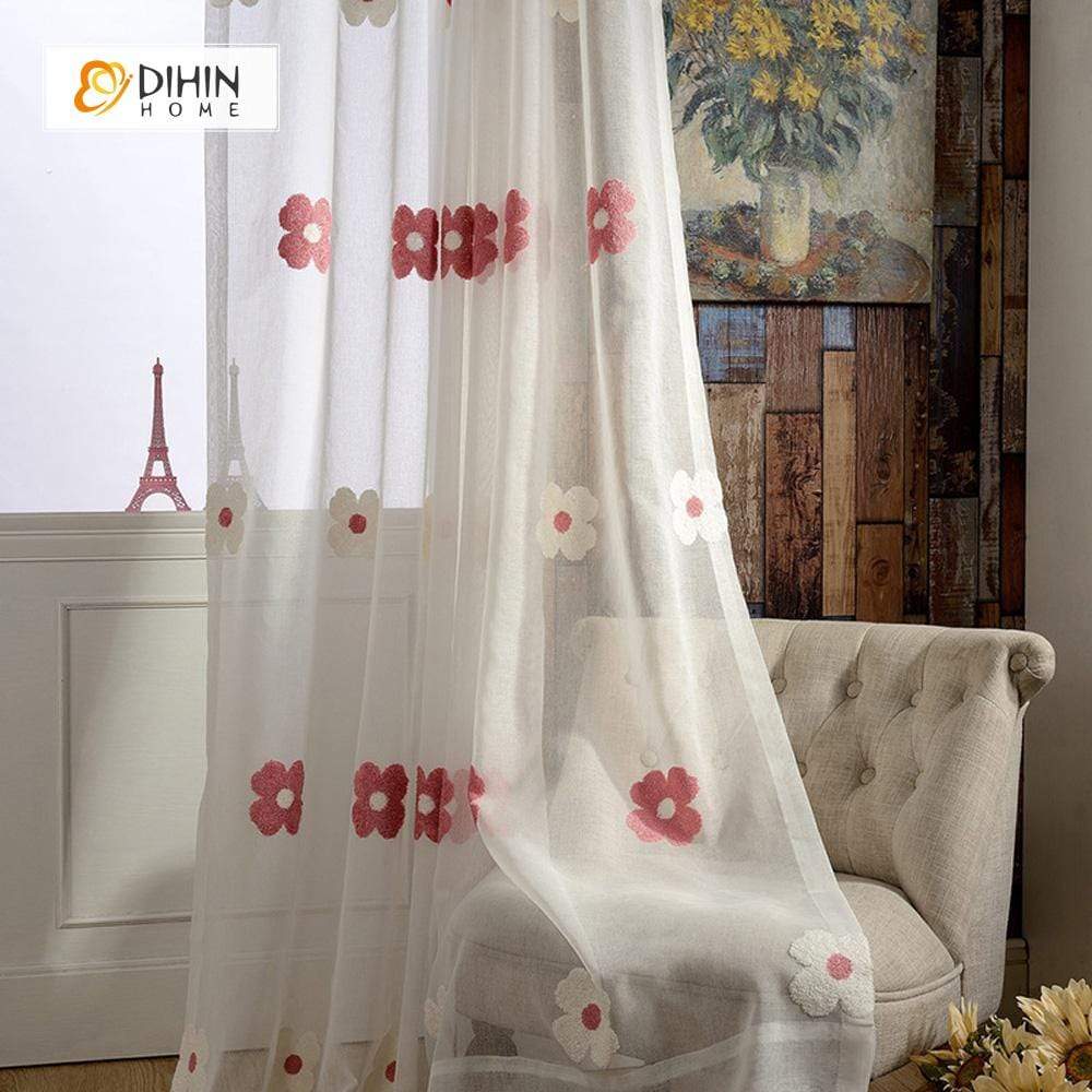 DIHIN HOME White And Red Flowers Embroidered ,Sheer Curtain,Blackout Grommet Window Curtain for Living Room ,52x63-inch,1 Panel Curtains custom curtains blackout curtains curtains for living room curtain fabric linen curtains