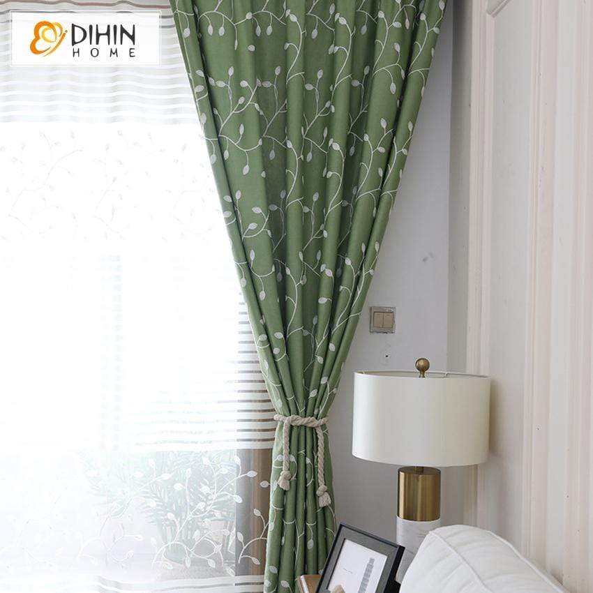 DIHIN HOME White Leaves Embroidered Green Curtain,Blackout Grommet Window Curtain for Living Room ,52x63-inch,1 Panel Roman Shades Curtains Window Blinds custom curtains blackout curtains curtains for living room sheer curtains curtain fabric linen curtains kitchen curtains velvet curtains pinch pleat curtains bay window curtains outdoor curtains pleated curtains floral curtains dining room curtains kitchen valances drapes for bedroom patio curtains nursery curtains grommet curtains