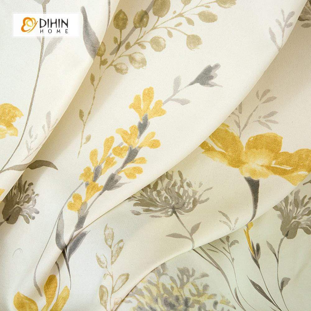 DIHIN HOME Yellow Flower and Branch Printed，Blackout Grommet Window Curtain for Living Room ,52x63-inch,1 Panel Curtains custom curtains blackout curtains curtains for living room curtain fabric linen curtains