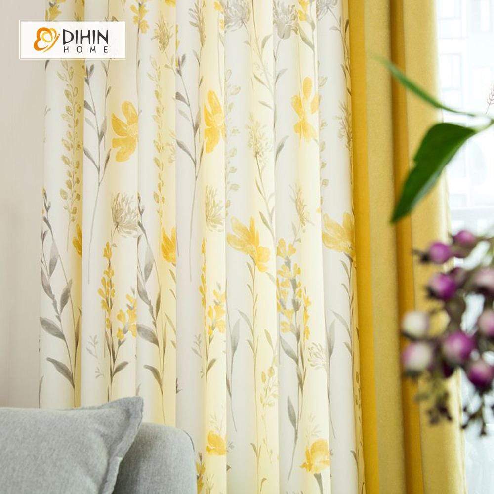 DIHIN HOME Yellow Flower and Branch Printed，Blackout Grommet Window Curtain for Living Room ,52x63-inch,1 Panel Curtains custom curtains blackout curtains curtains for living room curtain fabric linen curtains