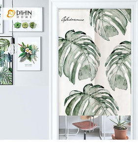 DIHIN HOME Banana Leaves Printed Japanese Noren Doorway Curtain Tapestry,Cotton Linen,Door Way Curtain Door Hanging Tapestry,33.5''Wx59''L,1 Panel