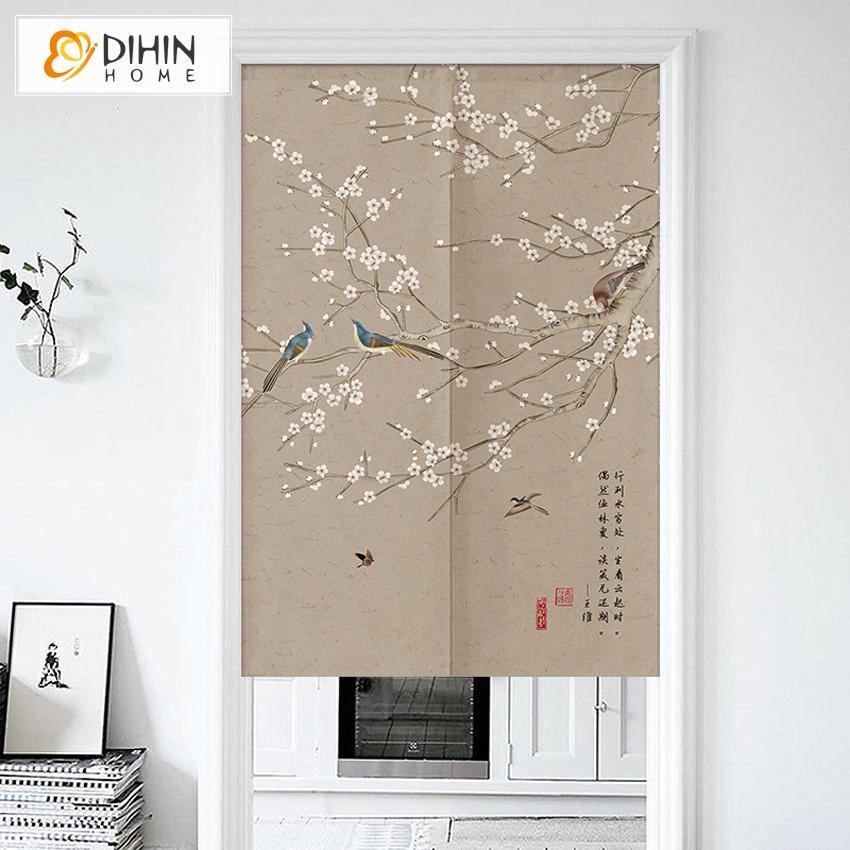 DIHIN HOME Pastoral Bird and Flower Printed Japanese Noren Doorway Curtain  Tapestry,Cotton Linen,Door Way Curtain Door Hanging