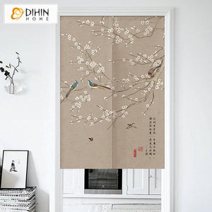 DIHIN HOME Pastoral Bird and Flower Printed Japanese Noren Doorway Curtain Tapestry,Cotton Linen,Door Way Curtain Door Hanging Tapestry,33.5''Wx59''L,1 Panel
