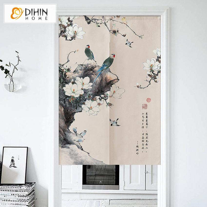 DIHIN HOME Pastoral Flower and bird Painting Printed Japanese Noren Doorway  Curtain Tapestry,Cotton Linen,Door Way Curtain Door Hanging