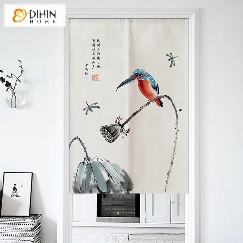 DIHIN HOME Pastoral Lotus Pond Bird Printed Japanese Noren Doorway Curtain Tapestry,Cotton Linen,Door Way Curtain Door Hanging Tapestry,33.5''Wx59''L,1 Panel