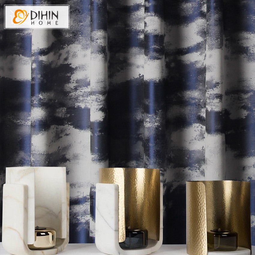 DIHINHOME Home Textile European Curtain DIHIN HOME American Retro Blue Jacquard,Blackout Grommet Window Curtain for Living Room ,52x63-inch,1 Panel