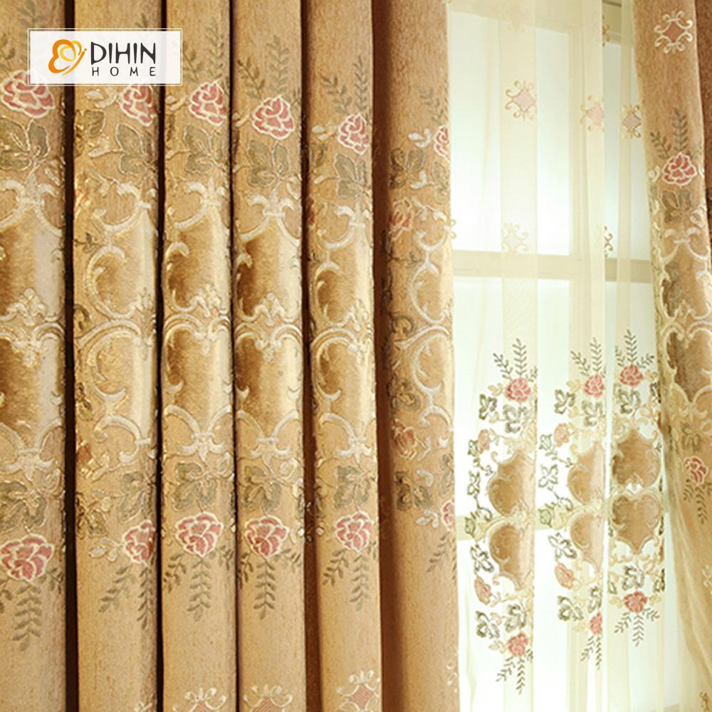DIHINHOME Home Textile European Curtain DIHIN HOME Beige Embroidered Purple Valance ,Blackout Curtains Grommet Window Curtain for Living Room ,52x84-inch,1 Panel