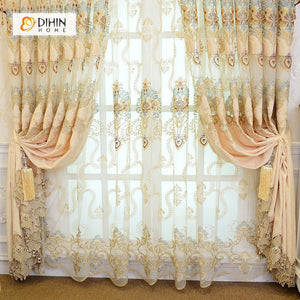 DIHINHOME Home Textile European Curtain DIHIN HOME Beige Luxurious  Embroidered Valance ,Blackout Curtains Grommet Window Curtain for Living Room ,52x84-inch,1 Panel
