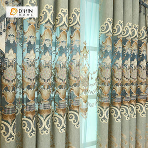 DIHINHOME Home Textile European Curtain DIHIN HOME Beige Pattern Embroidered Beige Valance,Blackout Curtains Grommet Window Curtain for Living Room ,52x84-inch,1 Panel