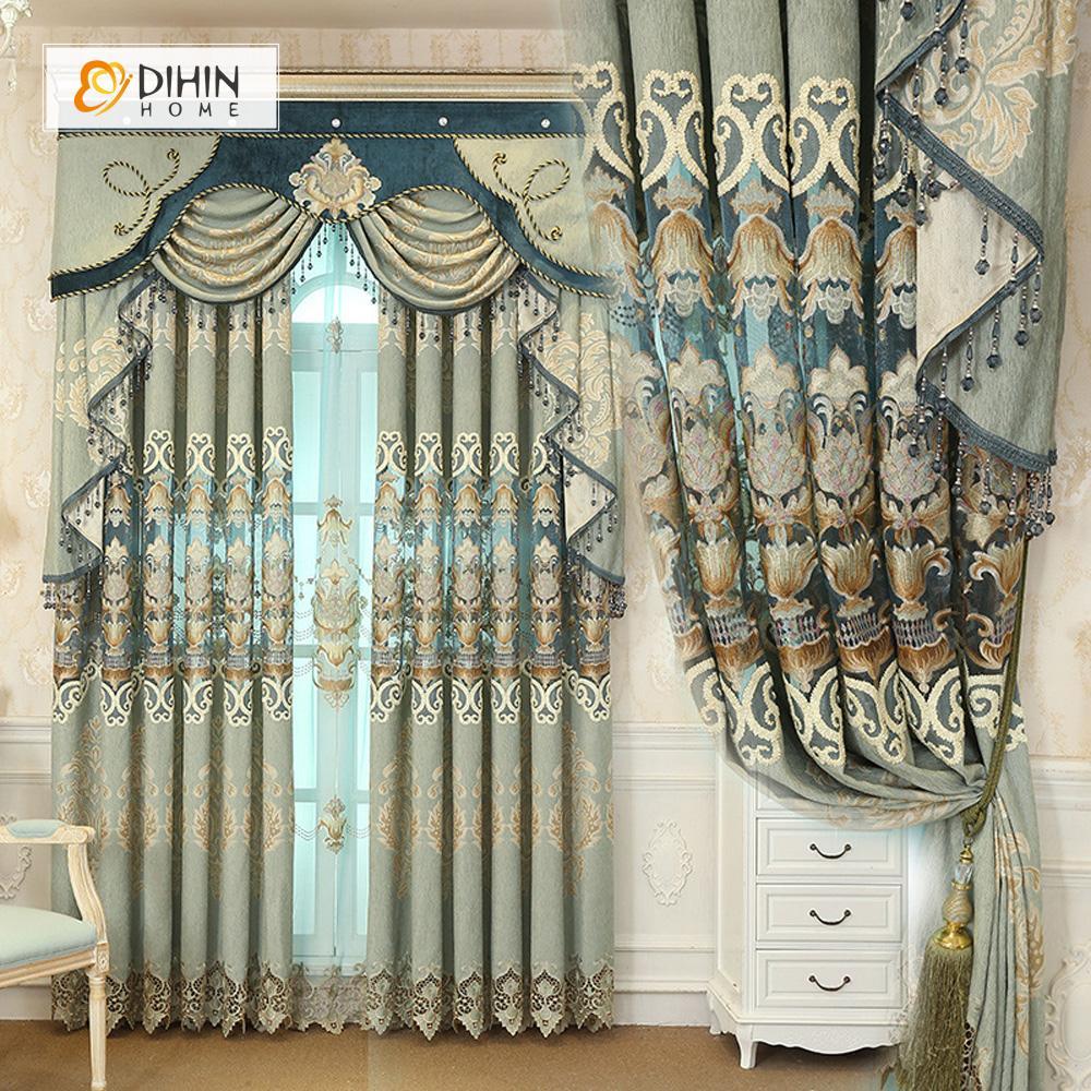 DIHINHOME Home Textile European Curtain DIHIN HOME Beige Pattern Embroidered Beige Valance,Blackout Curtains Grommet Window Curtain for Living Room ,52x84-inch,1 Panel