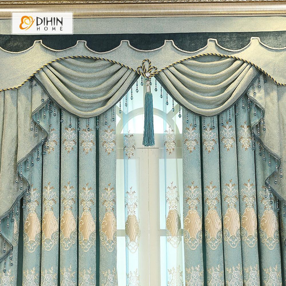 DIHINHOME Home Textile European Curtain DIHIN HOME Beige Pattern Embroidered Blue Valance,Blackout Curtains Grommet Window Curtain for Living Room ,52x84-inch,1 Panel