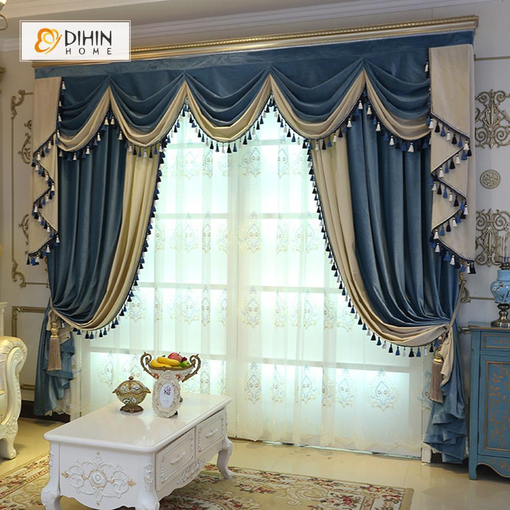 DIHINHOME Home Textile European Curtain DIHIN HOME Blue and Beige Velvet Valance ,Blackout Curtains Grommet Window Curtain for Living Room ,52x84-inch,1 Panel
