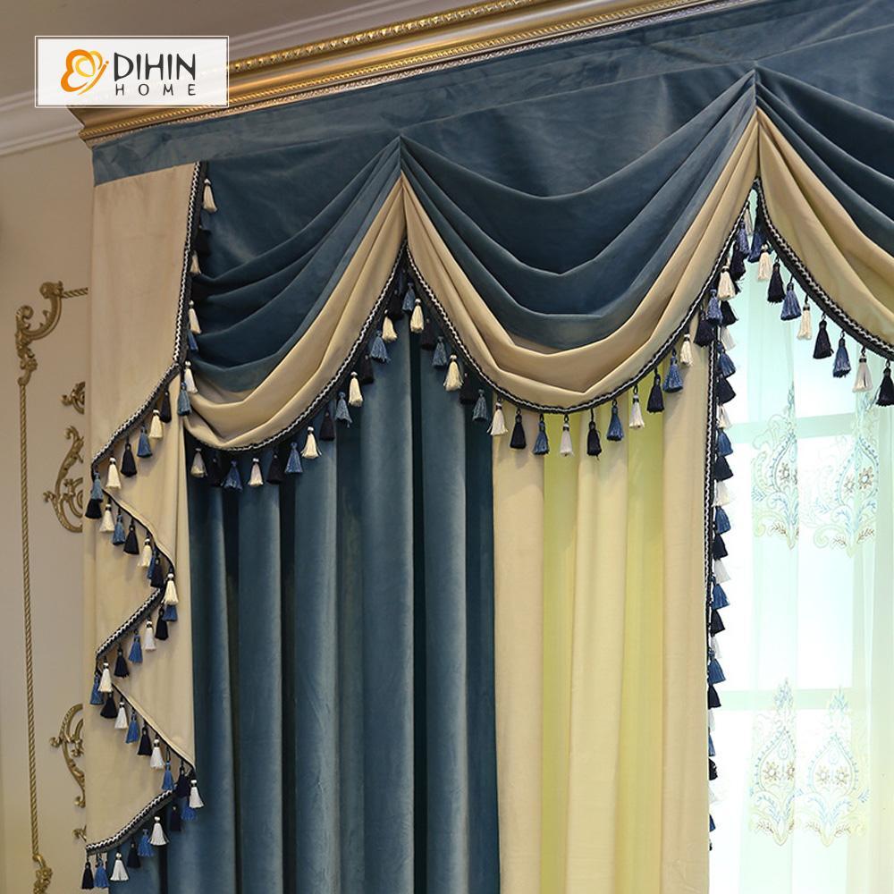 DIHINHOME Home Textile European Curtain DIHIN HOME Blue and Beige Velvet Valance ,Blackout Curtains Grommet Window Curtain for Living Room ,52x84-inch,1 Panel