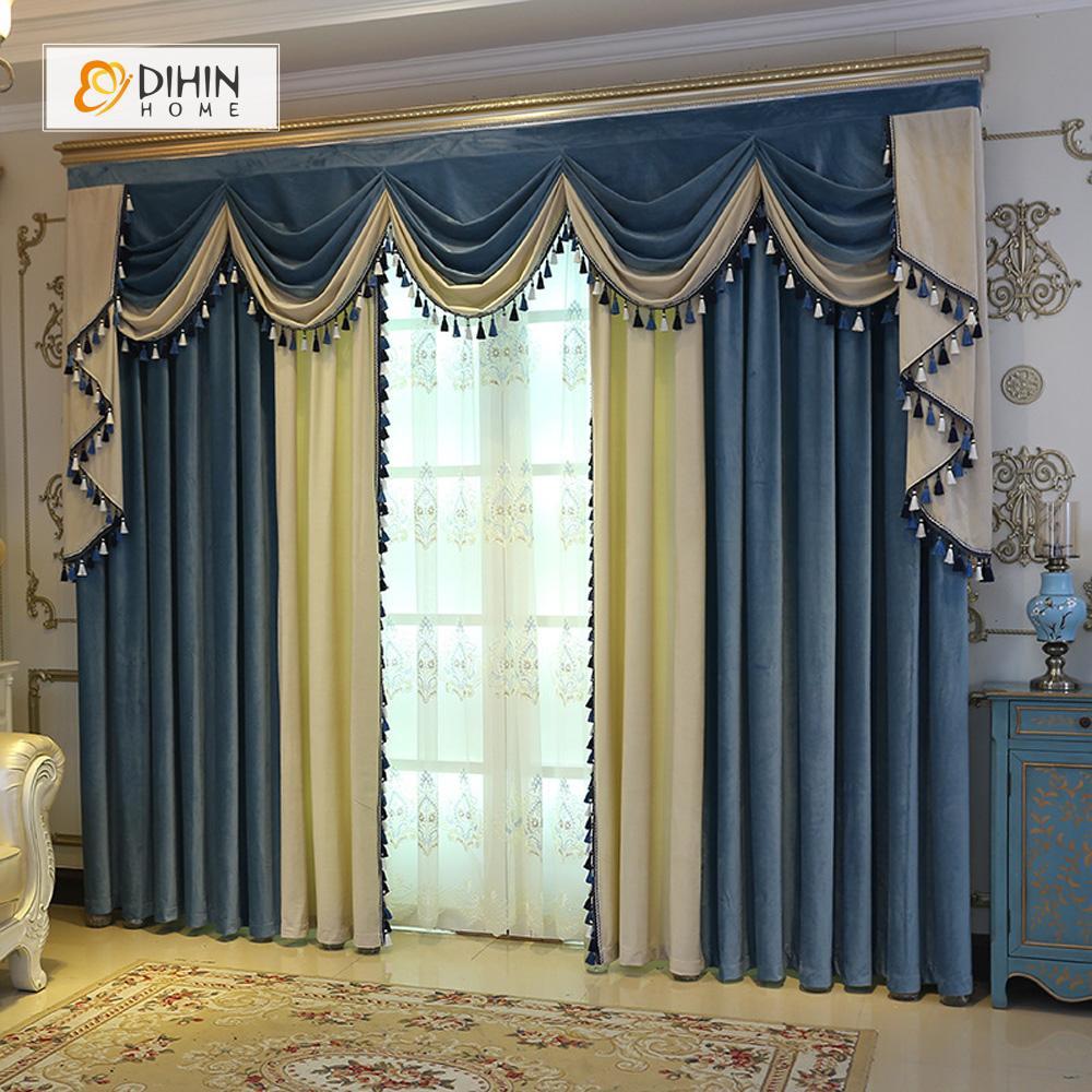 DIHIN HOME Blue and Beige Velvet Valance ,Blackout Curtains Grommet Window  Curtain for Living Room ,52x84-inch,1 Panel