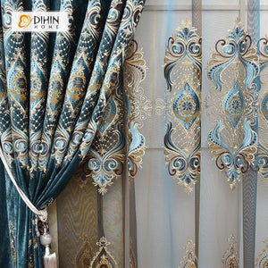 DIHINHOME Home Textile European Curtain DIHIN HOME Blue Embroidered  Elegant,Blackout Curtains Grommet Window Curtain for Living Room ,52x84-inch,1 Panel