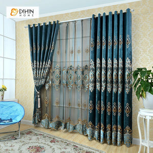 DIHINHOME Home Textile European Curtain DIHIN HOME Blue Embroidered  Elegant,Blackout Curtains Grommet Window Curtain for Living Room ,52x84-inch,1 Panel