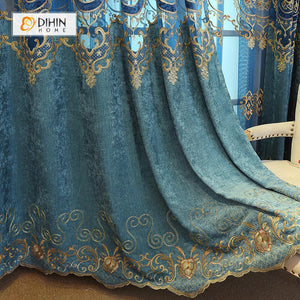 DIHINHOME Home Textile European Curtain DIHIN HOME Blue Embroidered  Exquisite Valance,Blackout Curtains Grommet Window Curtain for Living Room ,52x84-inch,1 Panel