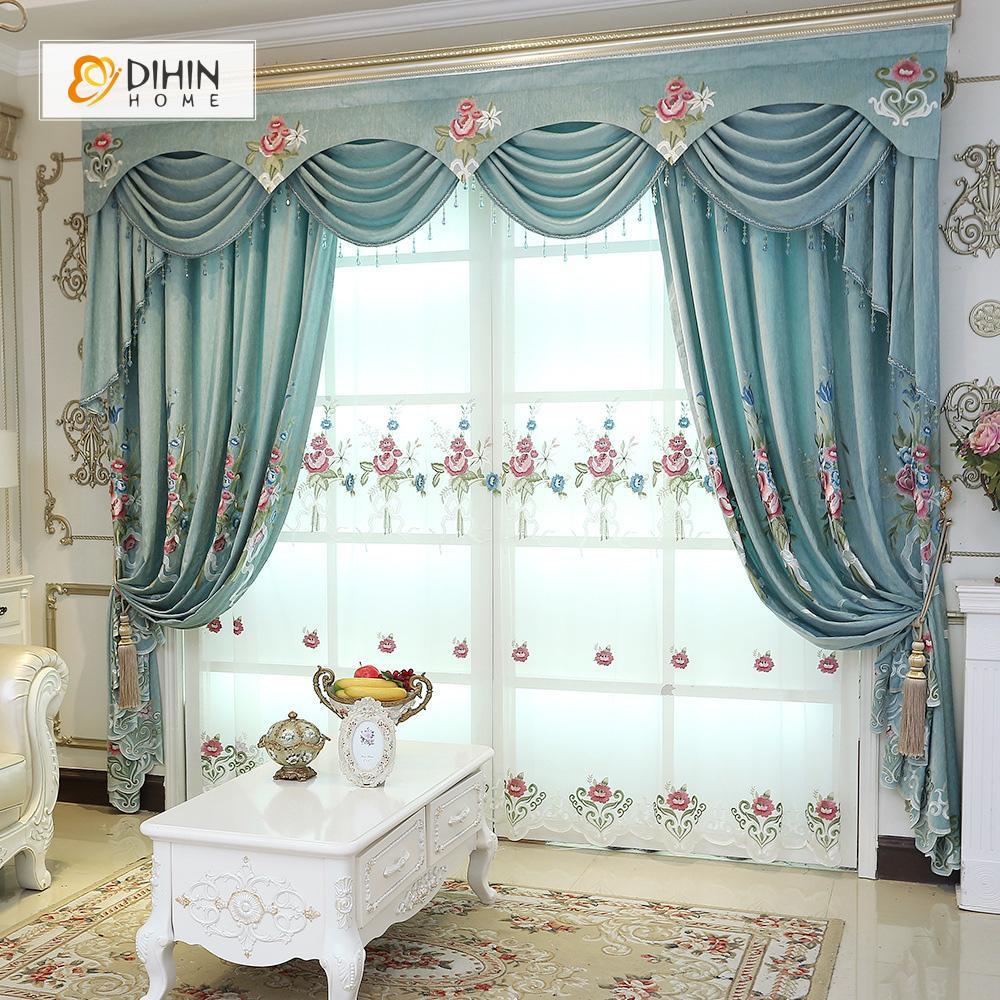 DIHINHOME Home Textile European Curtain DIHIN HOME Blue Exquisite Luxurious Embroidered Valance ,Blackout Curtains Grommet Window Curtain for Living Room ,52x84-inch,1 Panel