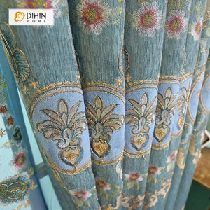 DIHINHOME Home Textile European Curtain DIHIN HOME Blue Flower Embroidered，Blackout Grommet Window Curtain for Living Room ,52x63-inch,1 Panel
