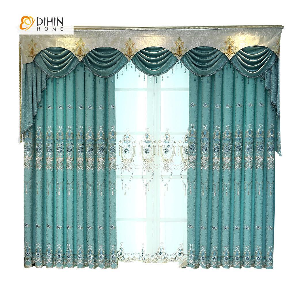 DIHINHOME Home Textile European Curtain DIHIN HOME Blue Flower Embroidered Luxurious Valance ,Blackout Curtains Grommet Window Curtain for Living Room ,52x84-inch,1 Panel
