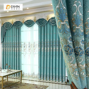 DIHINHOME Home Textile European Curtain DIHIN HOME Blue Flower Embroidered Luxurious Valance ,Blackout Curtains Grommet Window Curtain for Living Room ,52x84-inch,1 Panel