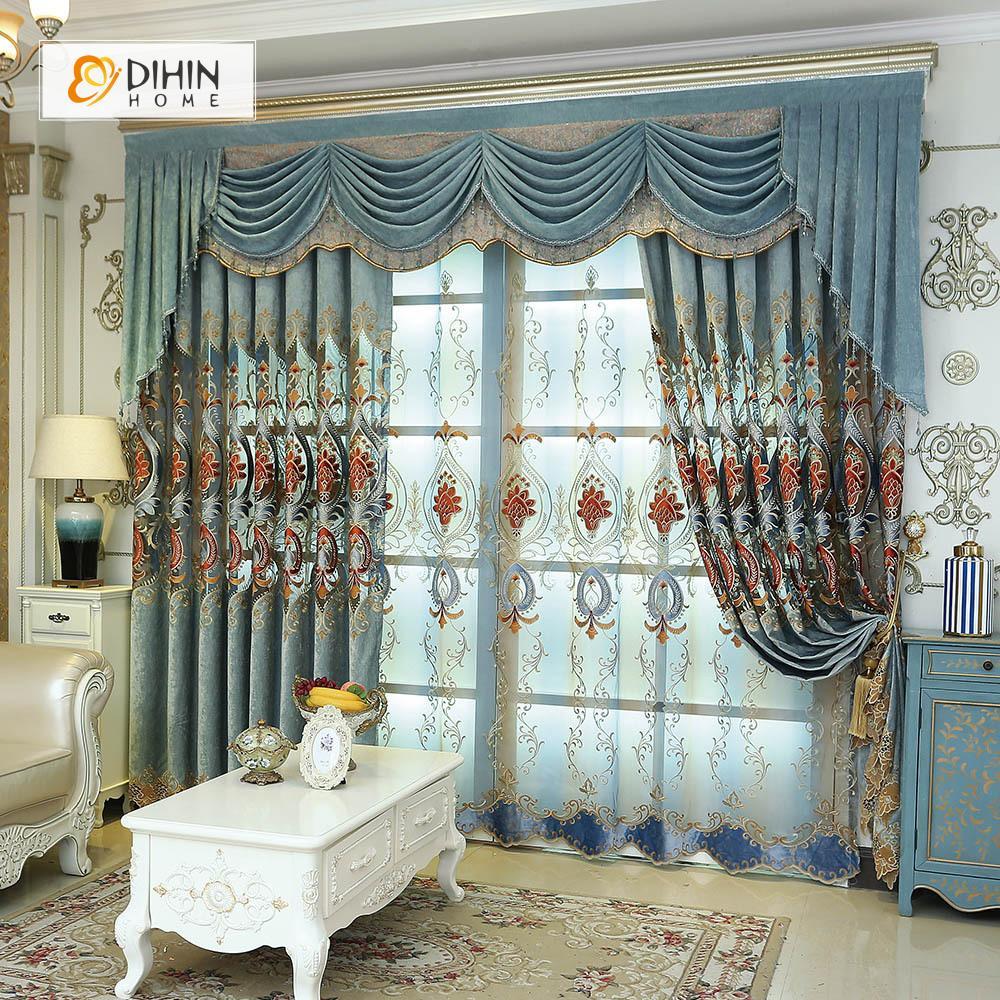 DIHINHOME Home Textile European Curtain DIHIN HOME Blue Flowers Exquisite Luxury Embroidered Valance ,Blackout Curtains Grommet Window Curtain for Living Room ,52x84-inch,1 Panel