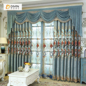 DIHINHOME Home Textile European Curtain DIHIN HOME Blue Flowers Exquisite Luxury Embroidered Valance ,Blackout Curtains Grommet Window Curtain for Living Room ,52x84-inch,1 Panel