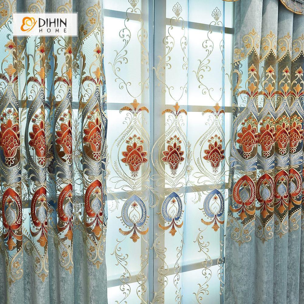 DIHINHOME Home Textile European Curtain DIHIN HOME Blue Flowers Exquisite Luxury Embroidered Valance ,Blackout Curtains Grommet Window Curtain for Living Room ,52x84-inch,1 Panel