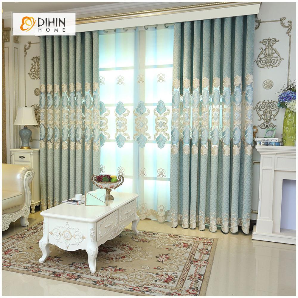 DIHINHOME Home Textile European Curtain DIHIN HOME Blue Flowers Noble Elegant Embroidered Valance ,Blackout Curtains Grommet Window Curtain for Living Room ,52x84-inch,1 Panel