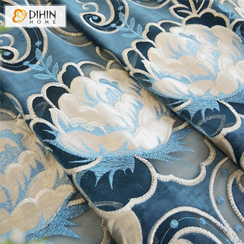 DIHIN HOME Blue High Quality Embroidered Valance ,Blackout Curtains Grommet Window Curtain for Living Room ,52x90-inch,1 Panel