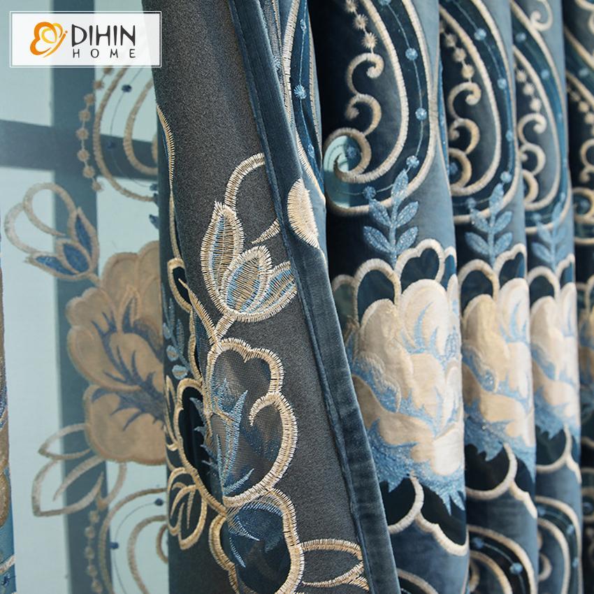 DIHINHOME Home Textile European Curtain DIHIN HOME Blue High Quality Embroidered Valance ,Blackout Curtains Grommet Window Curtain for Living Room ,52x90-inch,1 Panel