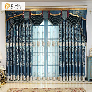 DIHINHOME Home Textile European Curtain DIHIN HOME Blue High Quality Embroidered Valance ,Blackout Curtains Grommet Window Curtain for Living Room ,52x90-inch,1 Panel