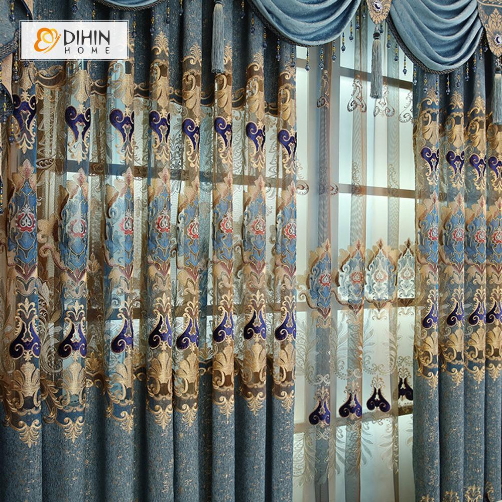 DIHINHOME Home Textile European Curtain DIHIN HOME Blue Leaves Embroidered Luxurious Valance ,Blackout Curtains Grommet Window Curtain for Living Room ,52x84-inch,1 Panel