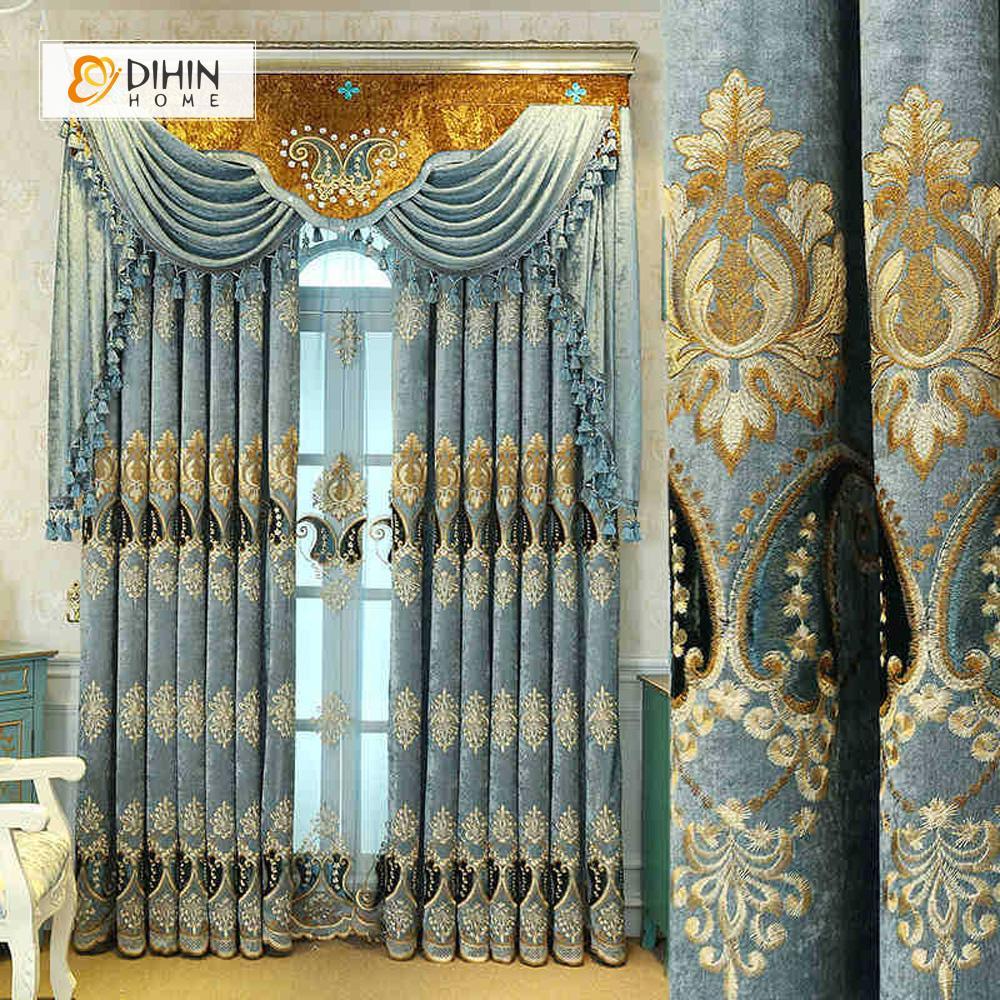DIHINHOME Home Textile European Curtain DIHIN HOME Blue Luxury Exquisite Embroidered Valance ,Blackout Curtains Grommet Window Curtain for Living Room ,52x84-inch,1 Panel