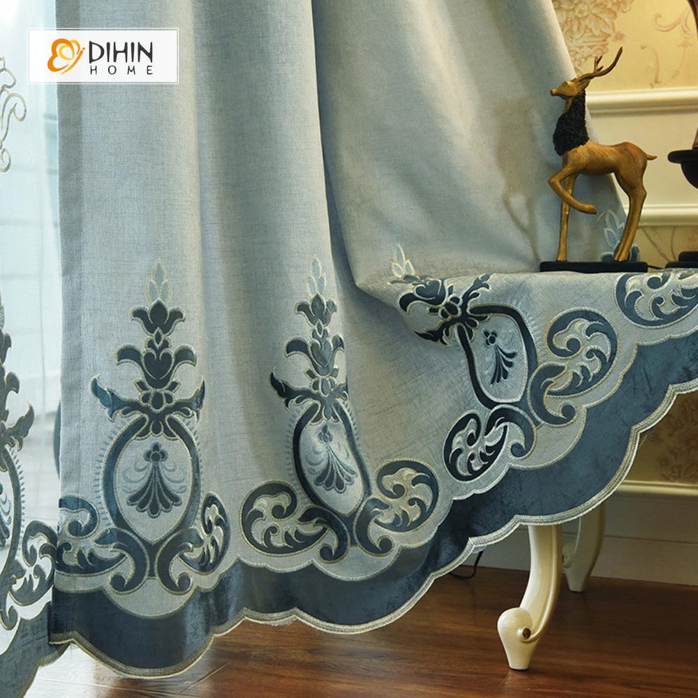 DIHINHOME Home Textile European Curtain DIHIN HOME Blue Noble Elegant Embroidered Valance ,Blackout Curtains Grommet Window Curtain for Living Room ,52x84-inch,1 Panel