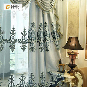 DIHINHOME Home Textile European Curtain DIHIN HOME Blue Noble Elegant Embroidered Valance ,Blackout Curtains Grommet Window Curtain for Living Room ,52x84-inch,1 Panel