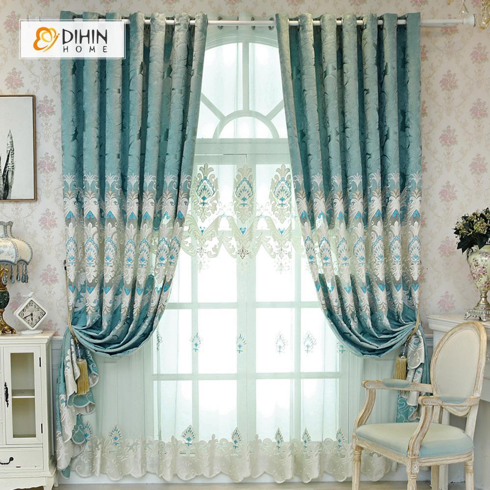 DIHINHOME Home Textile European Curtain DIHIN HOME Blue Velvet Luxury Exquisite Embroidered Valance ,Blackout Curtains Grommet Window Curtain for Living Room ,52x84-inch,1 Panel