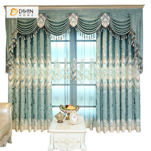 DIHINHOME Home Textile European Curtain DIHIN HOME Blue Velvet Luxury Exquisite Embroidered Valance ,Blackout Curtains Grommet Window Curtain for Living Room ,52x84-inch,1 Panel