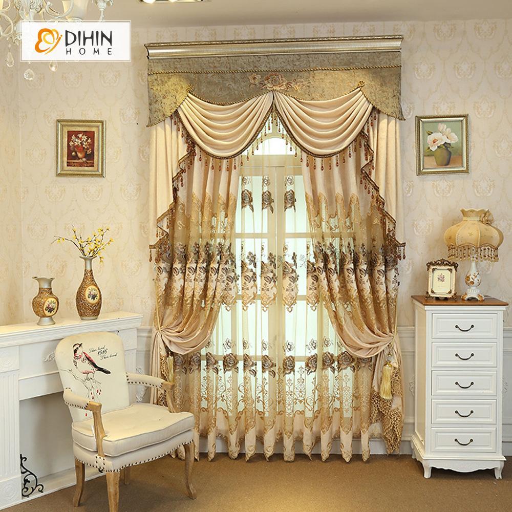 DIHINHOME Home Textile European Curtain DIHIN HOME Brown Embroidered Beige Valance ,Blackout Curtains Grommet Window Curtain for Living Room ,52x84-inch,1 Panel