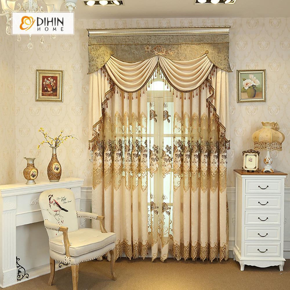 DIHINHOME Home Textile European Curtain DIHIN HOME Brown Embroidered Beige Valance ,Blackout Curtains Grommet Window Curtain for Living Room ,52x84-inch,1 Panel