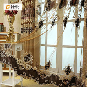 DIHINHOME Home Textile European Curtain DIHIN HOME Brown Embroidered Coffee Valance ,Blackout Curtains Grommet Window Curtain for Living Room ,52x84-inch,1 Panel