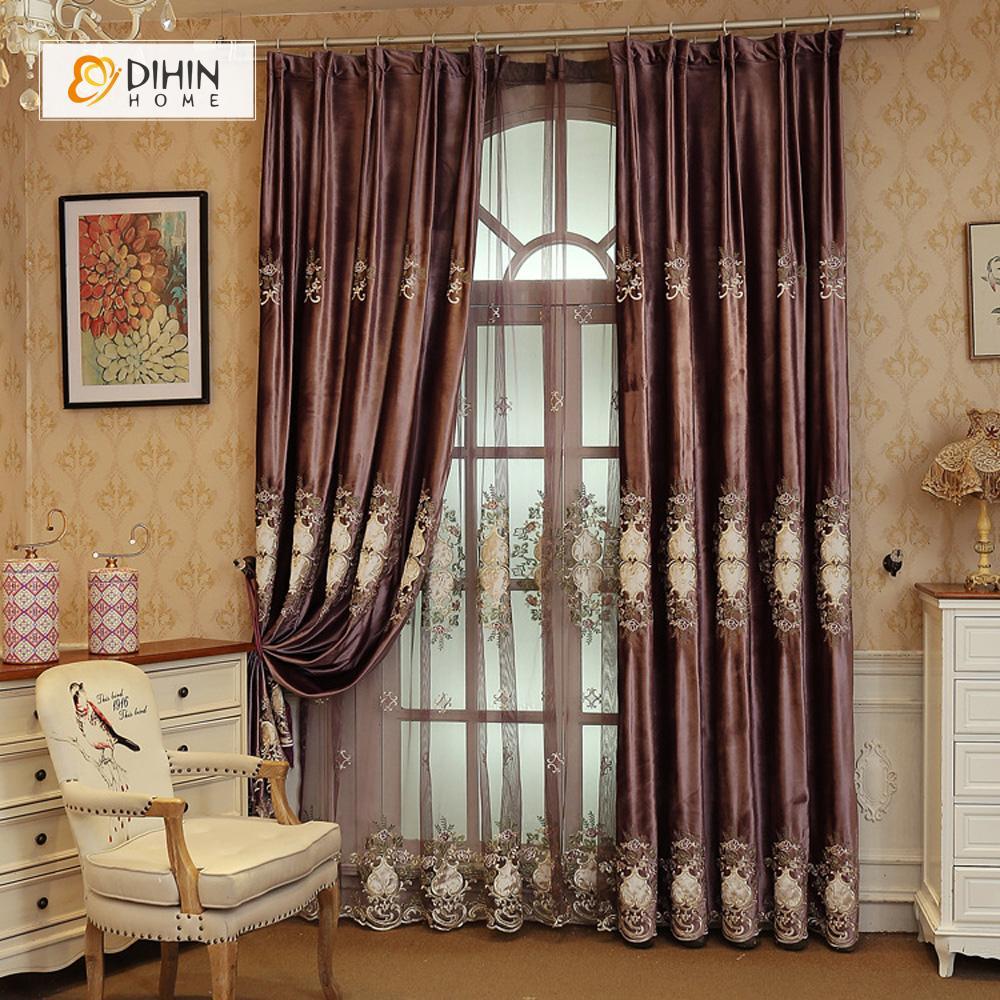 DIHINHOME Home Textile European Curtain DIHIN HOME Brown European Luxury Embroiderded ,Chenille,Blackout Grommet Window Curtain for Living Room ,52x63-inch,1 Panel