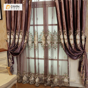 DIHINHOME Home Textile European Curtain DIHIN HOME Brown European Luxury Embroiderded ,Chenille,Blackout Grommet Window Curtain for Living Room ,52x63-inch,1 Panel