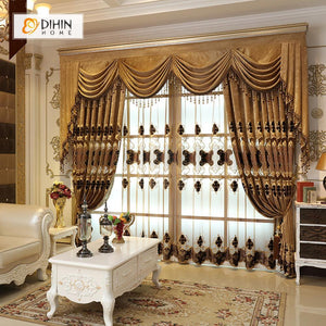 DIHINHOME Home Textile European Curtain DIHIN HOME Brown Exquisite Embroidered Valance ,Blackout Curtains Grommet Window Curtain for Living Room ,52x84-inch,1 Panel